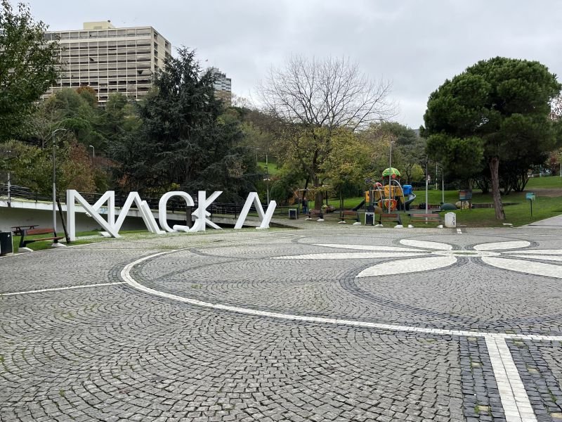 The large MAÇKA letters, lawns and a playground in Maçka Democracy Park